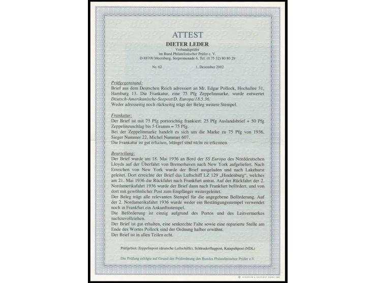 Brief mit Zeppelin 75 Pfg., entwertet mit Seepoststempel "D.EUROPA BREMEN-NEW YORK 18.5.36", von New York weitergeleitet nach