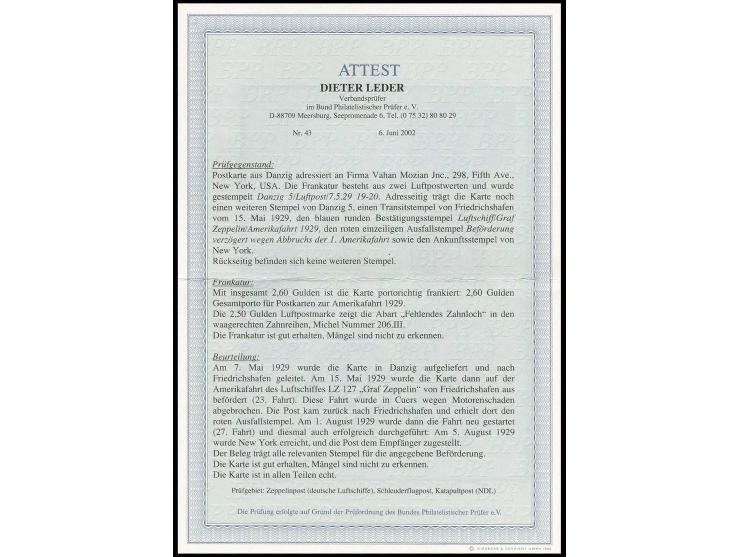 1929, Amerikafahrt, Karte mit u.a. Randstück Mi.-Nr. 206III und Ausfallstempel, Pracht, Fotoattest Leder BPP