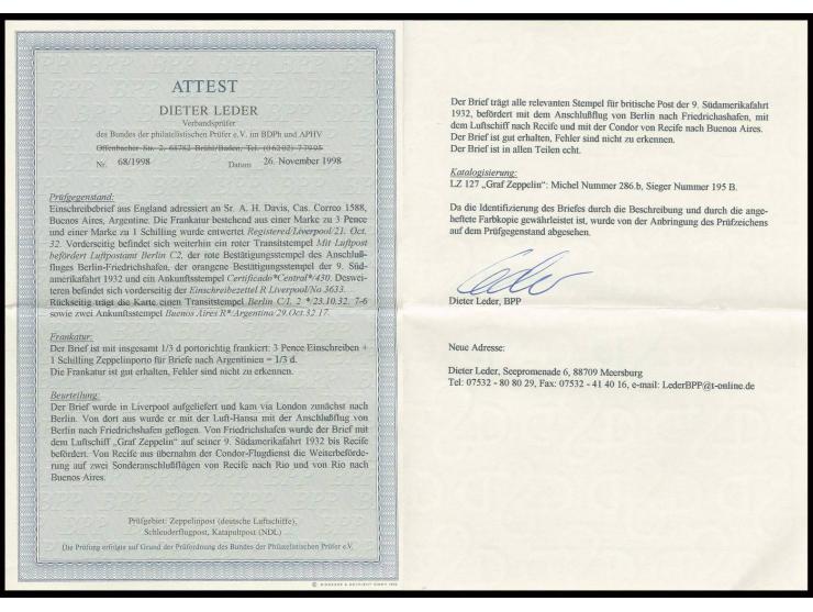 R-Brief Anschlußflug Berlin nach Argentinien, Kabinett, ausführliches Fotoattest Leder BPP
