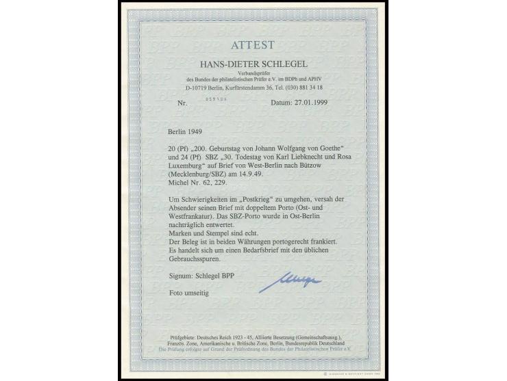 20 Pfg. mit Stempel "BERLIN SW 11 14.9.49" auf Brief mit Doppelfrankatur SBZ Liebknecht/Luxemburg 24 Pfg. mit Stempel "BERLIN