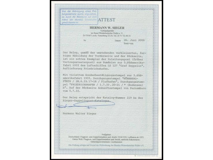 1933, 3. Südamerikafahrt, R-Brief mit vorderseitig rotem Flugpost-Bestätigungsstempel vom Flughafen Nürnberg/Fürth, Pracht, F