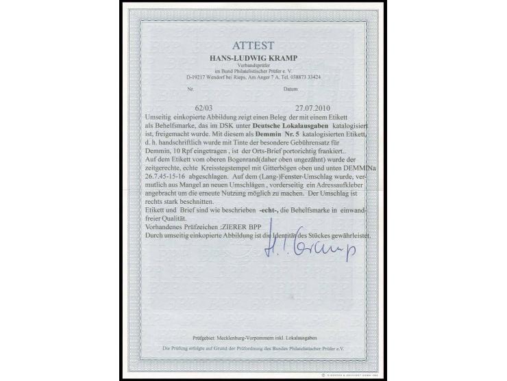 Etikettenmarke im Format 24x15 mm vom oberen Bogenrand (oben geschnitten) mit Wertangabe "10" als portogerechte Einzelfrankat