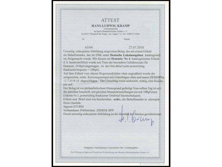 Etikettenmarke im Format 24x15 mm vom oberen Bogenrand (oben geschnitten) mit Wertangabe "20" auf überfrankiertem Ortsbrief a