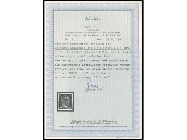 1945, Probedruck 6 Pfg. auf 1 Pfg., postfrisch, Fotoattest Zierer BPP (Mi. 500,-)