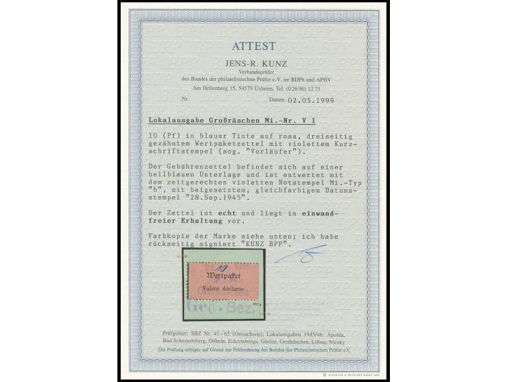 1945, Wertpaketzettel 10 Pfg. auf Briefstück mit Notstempel-Type b, Fotoattest Kunz BPP
