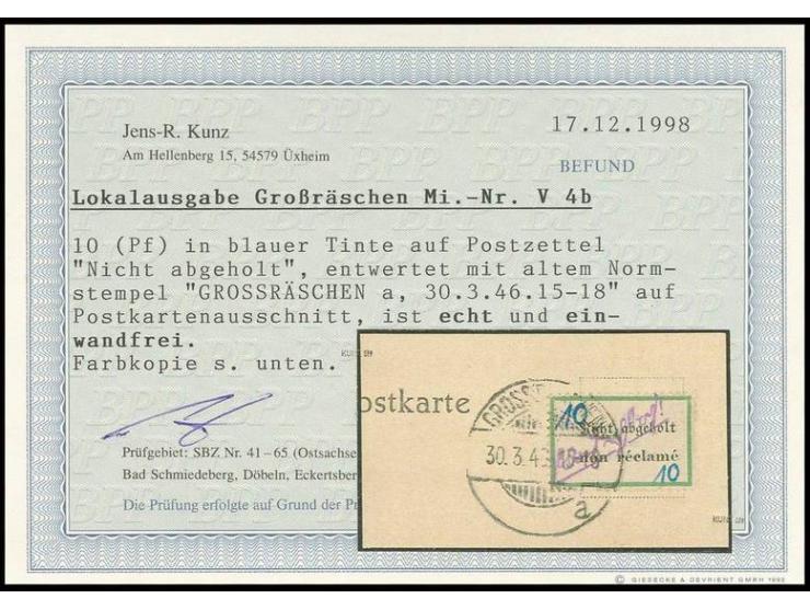 Postzettel 10 Pfg. "Nicht abgeholt...", gest. "GROSSRÄSCHEN 30.3.46" auf Briefstück, Befund Kunz BPP