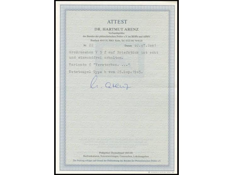 15 Pfg. "Verstorben..." mit Notstempel-Type b, auf Briefstück, Fotoattest Kunz BPP
