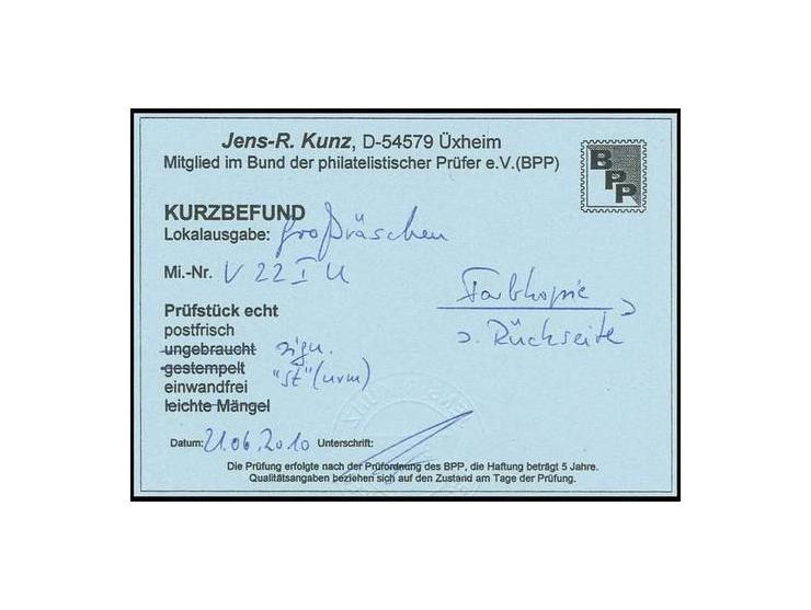 Uhrzeit-Gebührenzettel mit Wertziffer 6 Pfg. in schwarz (statt rot), ungezähnt, postfrisch, Kurzbefund Kunz BPP