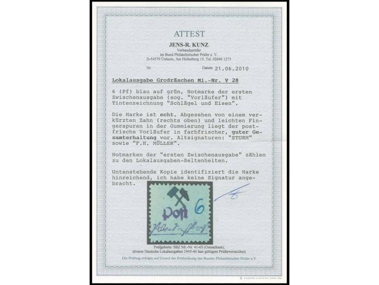 1. Zwischenausgabe 6 Pfg. blau auf grünem Papier, ein verkürzter Zahn rechts oben und leichte Fingerspuren rückseitig, sonst 