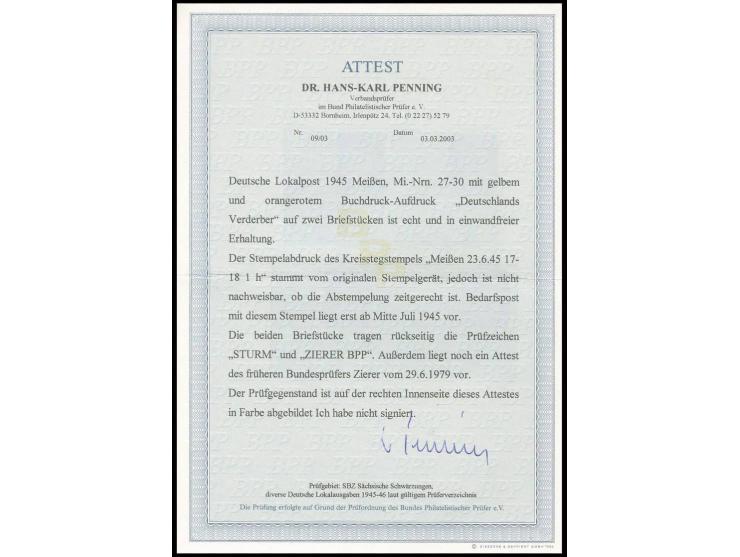 1945, 5 "Deutschlands Verderber" und 6 Pfg. mit gelbem und orangerotem Aufdruck, kpl. Satz mit 4 Werten, gest. "Meißen 23.6.4