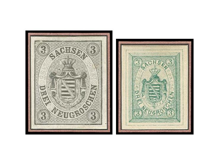 Wappen-Essay der Firma Hirschfeld zu 3 Ngr. in schwarz bzw. grün in unterschiedlich großem Format, das größere leichter Knick