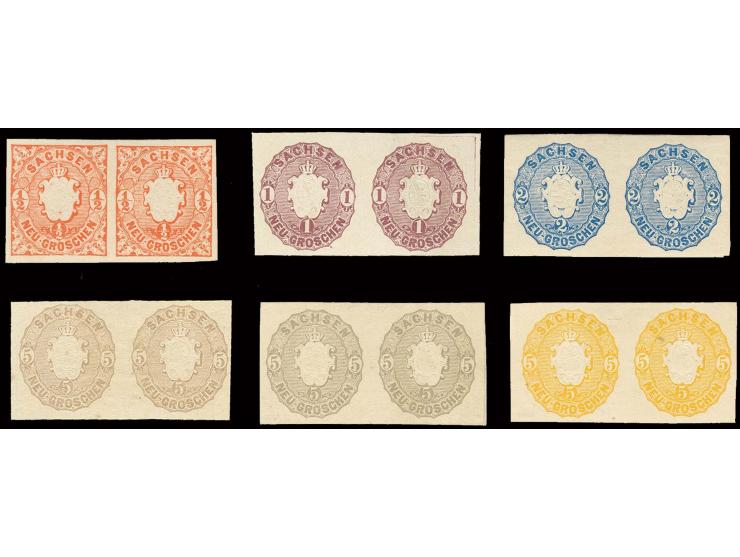 Probedrucke von Gieseke und Devrient: 1 Neugroschen gelblichrot, 1 Neugroschen magenta, 2 Neugroschen blau sowie 5 Neugrosche