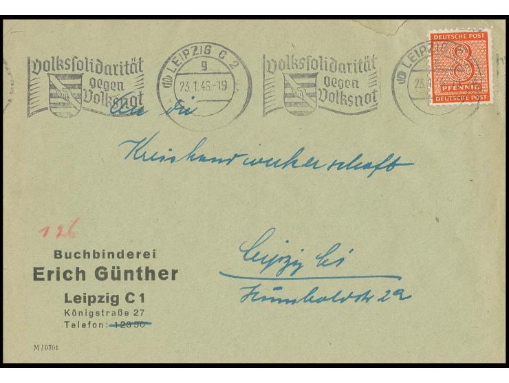 Ziffern mit Versuchszähnung: 8 Pfg. mit als portogerechte Einzelfrankatur auf Ortsbrief aus "LEIPZIG 23.1.46", oben kleiner Ö