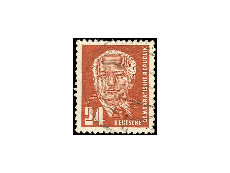 1952, Pieck 24 Pfg. schwärzlichrotorange auf gewöhnlichem Papier mit zeitgerechtem Stempel "TORGELOW 21.3.53", links und oben