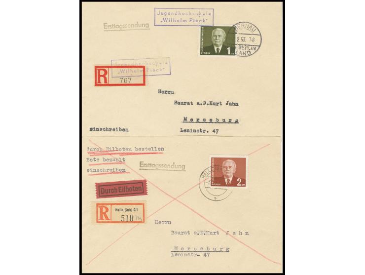 1953, Pieck 1 und 2 M. jeweils auf gelaufenem R-Ersttagsbrief (2 M. per Express) aus "BERNAU 2.2.53" bzw. "HALLE (SAALE) 3.1.