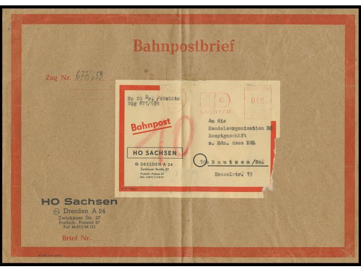DIVERSES: 1951, Absenderfreistempel HO Sachsen mit Wertangabe 48 Pfg. auf Bahnpostbrief-Vordruckumschlag im Großformat von "D