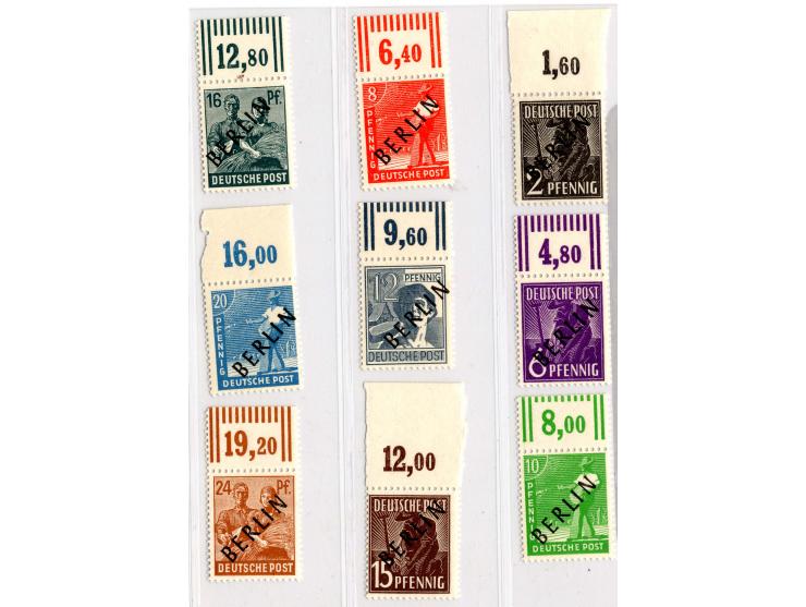 1948, Schwarzaufdruck 2 Pfg.-5 M. kpl., bis auf 1 M. (rechtes Randstück) alles Platten- bzw. Walzendruck-Oberrandstücke, post