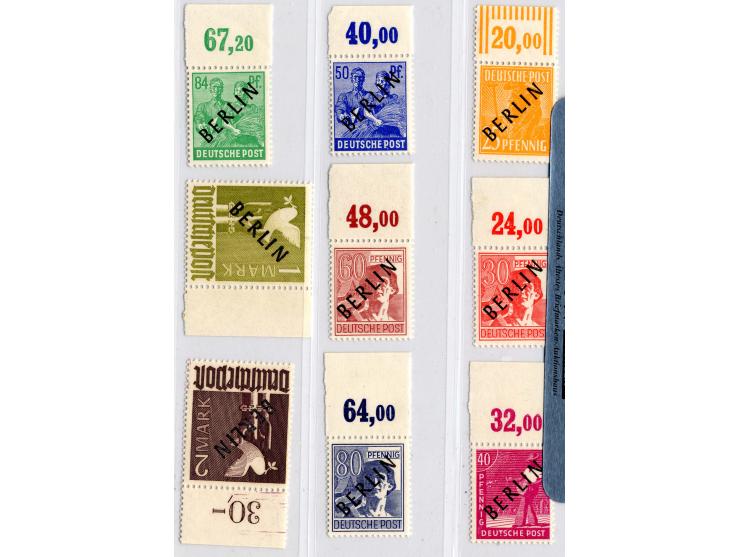 1948, Schwarzaufdruck 2 Pfg.-5 M. kpl., bis auf 1 M. (rechtes Randstück) alles Platten- bzw. Walzendruck-Oberrandstücke, post