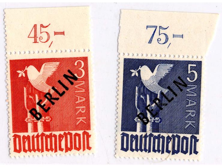 1948, Schwarzaufdruck 2 Pfg.-5 M. kpl., bis auf 1 M. (rechtes Randstück) alles Platten- bzw. Walzendruck-Oberrandstücke, post