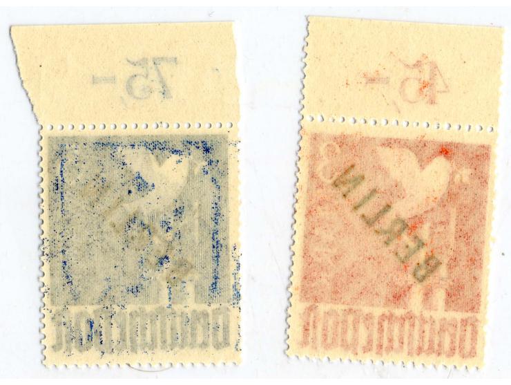 1948, Schwarzaufdruck 2 Pfg.-5 M. kpl., bis auf 1 M. (rechtes Randstück) alles Platten- bzw. Walzendruck-Oberrandstücke, post