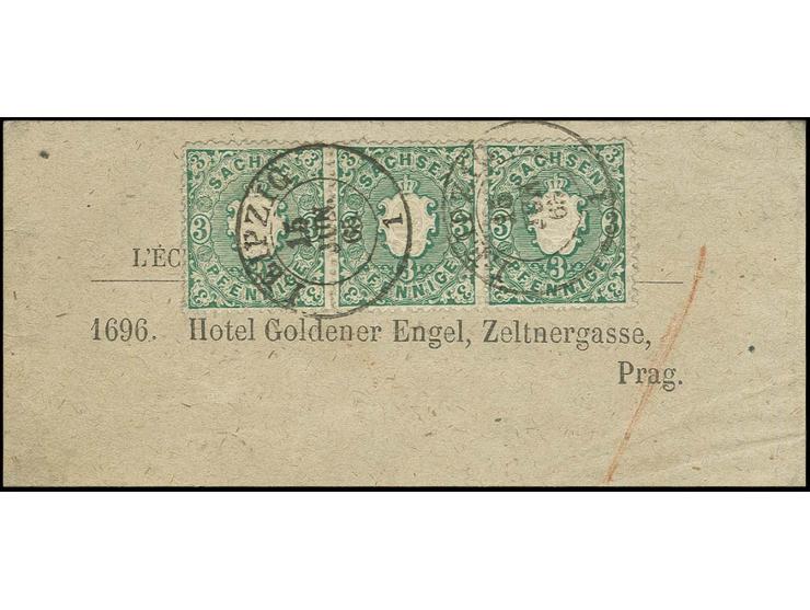 3 Pfennig bläulichgrün im waagerechten 3er-Streifen mit klarem DKr. "LEIPZIG 15 JUN. 65" auf Drucksachenschleife der 3. Gewic
