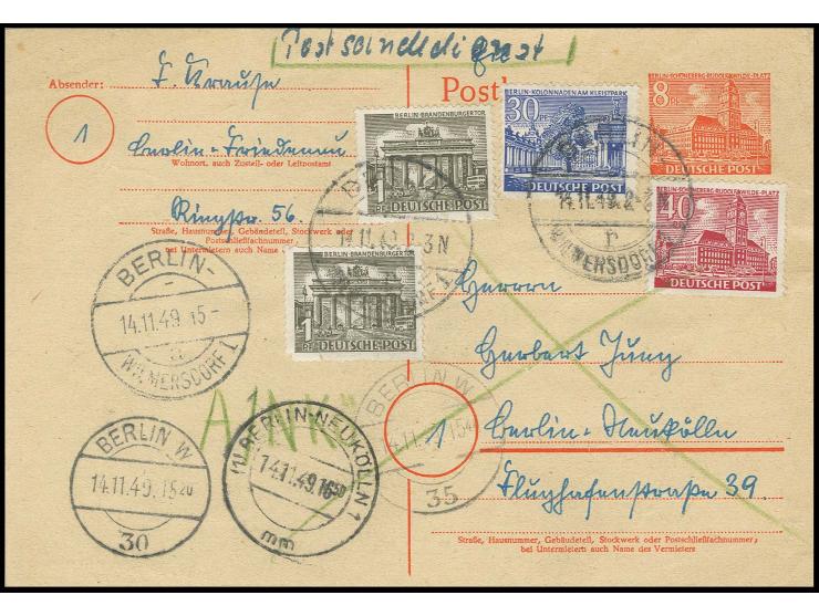GANZSACHEN: 1949, Karte Bauten 8 Pfg. mit Zufrankatur Bauten 40 Pfg., 30 Pfg. und 1 Pfg. (2) als Postschnelldienstkarte von "