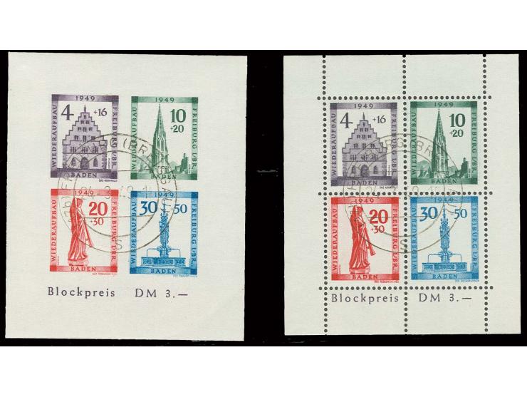 Freiburg-Blockpaar je mit zentrischem Ersttagsstempel "FREIBURG (BREISGAU) 24.3.49", Fotoattest Straub BPP (Mi. 560,-)