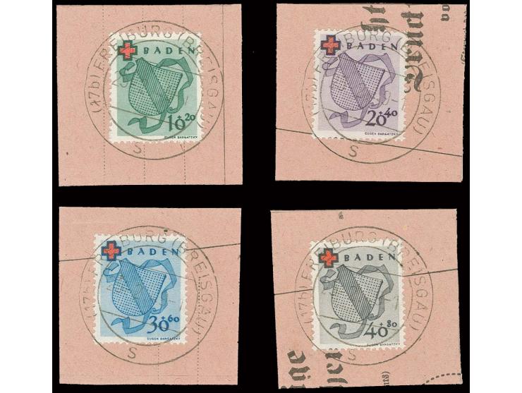 Rotes Kreuz 10-40 Pfg. je mit zentrischem Ersttagsstempel "FREIBURG (BREISGAU) 25.2.49" auf Briefstücken, Fotoattest Straub B