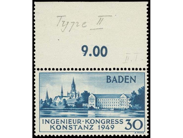 Konstanz 30 Pfg. in Type II, postfrisches Oberrandstück mit Falzresten im Rand, doppelt sign. Schlegel BPP (Mi. 650,-)
