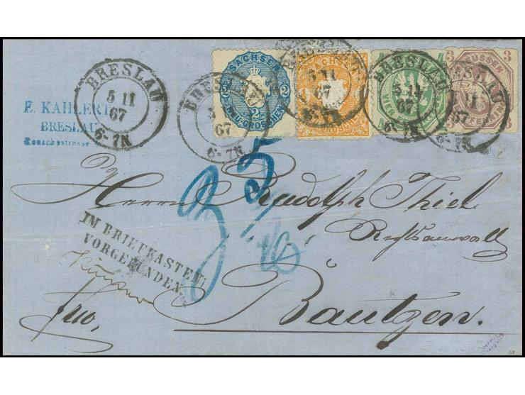 ½ Neugroschen trüborange und 2 Neugroschen blau, fremdverwendet in Mischfrankatur mit Preußen Wappenausgabe 4 Pfennig grün un