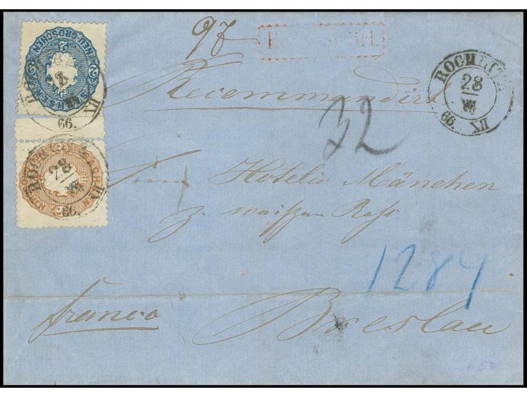 3 Neugroschen braunorange, linkes Randstück mit 5 mm Bogenrand zusammen mit 2 Neugroschen dunkelblau mit DKr. "ROCHLITZ 28/XI
