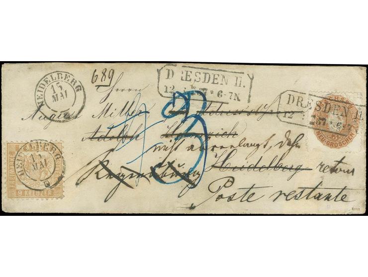 3 Neugroschen braunorange mit Ra2 "DRESDEN II. 12 5 67" auf kleinem Briefkuvert nach Heidelberg, hier neu frankiert mit Baden