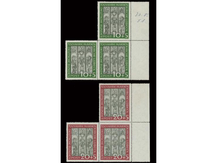 Lübeck 10 und 20 Pfg. in 3er-Blocks vom rechten Rand, 10 Pfg. im Rand Kopierstiftbeschriftung, postfrisch (Mi. 720,-)