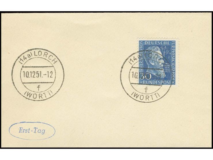 30 Pfg. mit Ersttagsstempel "LORCH 10.12.51" auf  kleinem Umschlag (Mi. 500,-)