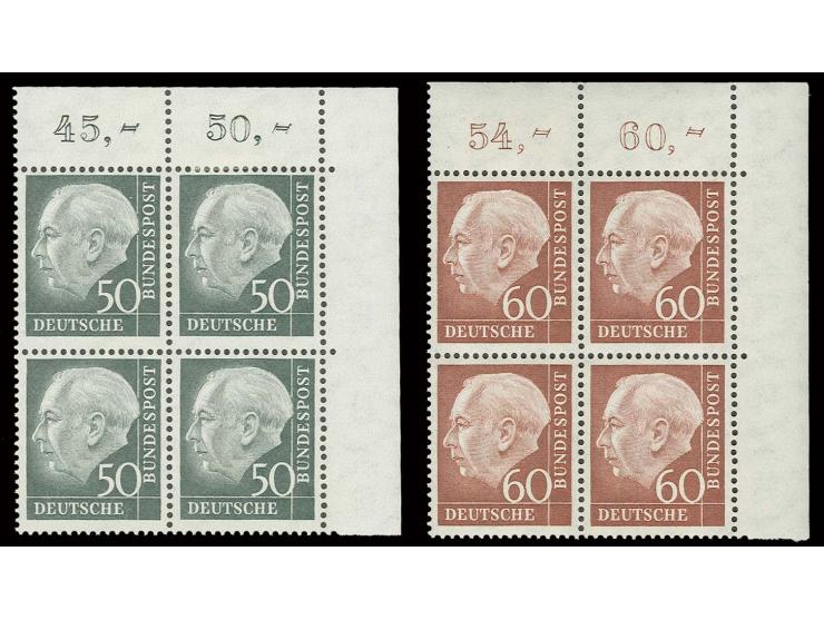 1954, Heuss 50 und 60 Pfg. in 4er-Blocks aus der rechten oberen Bogenecke, postfrisch, sign. Schlegel BPP (Mi. 1.840,-)