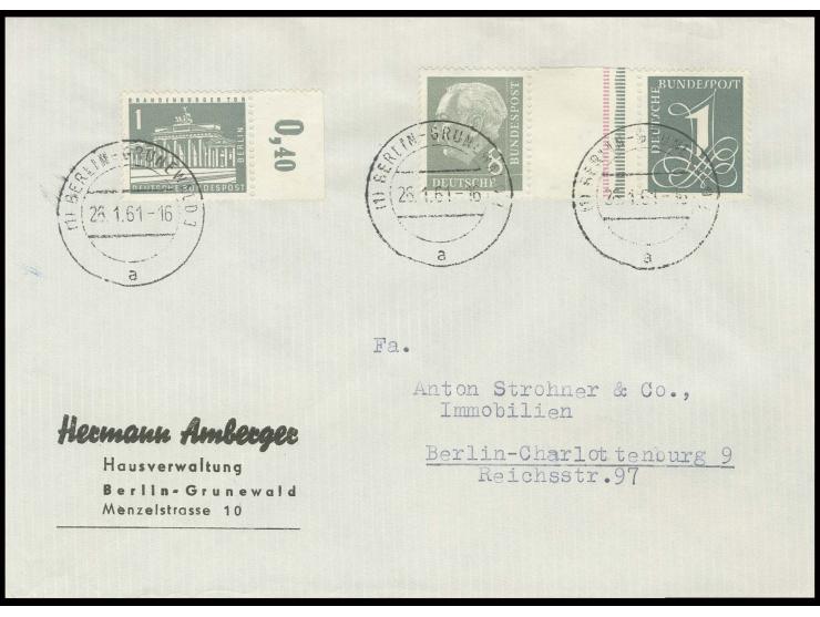 ZUSAMMENDRUCKE: Nachauflage: 8+Z+1 Pfg. mit Berlin Mi.-Nr. 140 auf portogerechtem Ortsbrief von "BERLIN-GRUNEWALD 26.1.61" (M