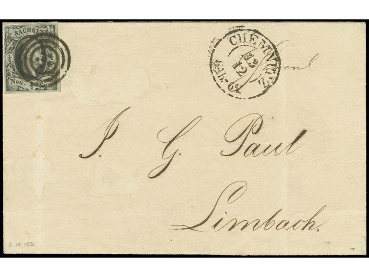 CHEMNITZ: Dreikreisstempel mit 6 Punkten, der seltene Versuchsstempel auf Friedrich-August ½ Neugroschen auf Briefhülle mit s