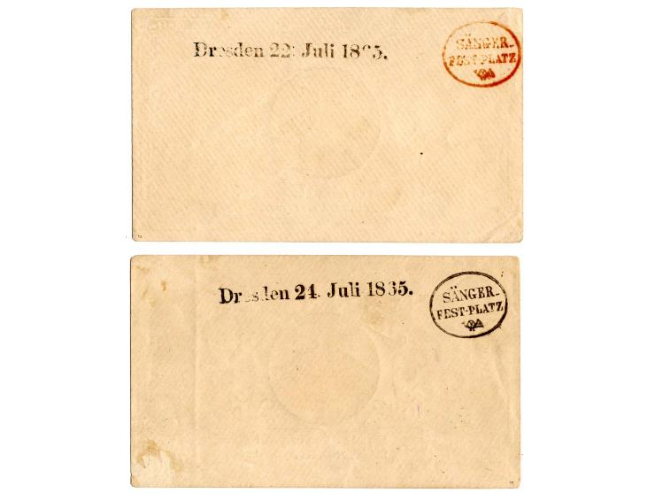 "SÄNGER_FEST-PLATZ", 7 Umschläge mit nebengesetzten Orts-Datum-L1 aller vorkommenden Daten vom 22.-25. Juli 1835, dabei die e