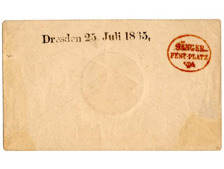 "SÄNGER_FEST-PLATZ", 7 Umschläge mit nebengesetzten Orts-Datum-L1 aller vorkommenden Daten vom 22.-25. Juli 1835, dabei die e