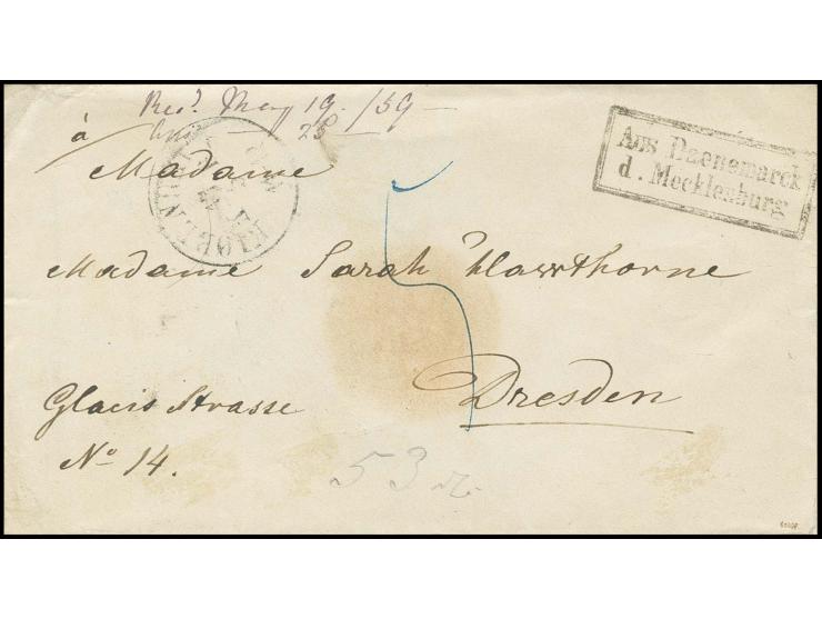DÄNEMARK: 1859, Briefkuvert von Kopenhagen nach Dresden mit sauberem schwarzen Ra2 "Aus Daenemarck d. Mecklenburg"; das Porto