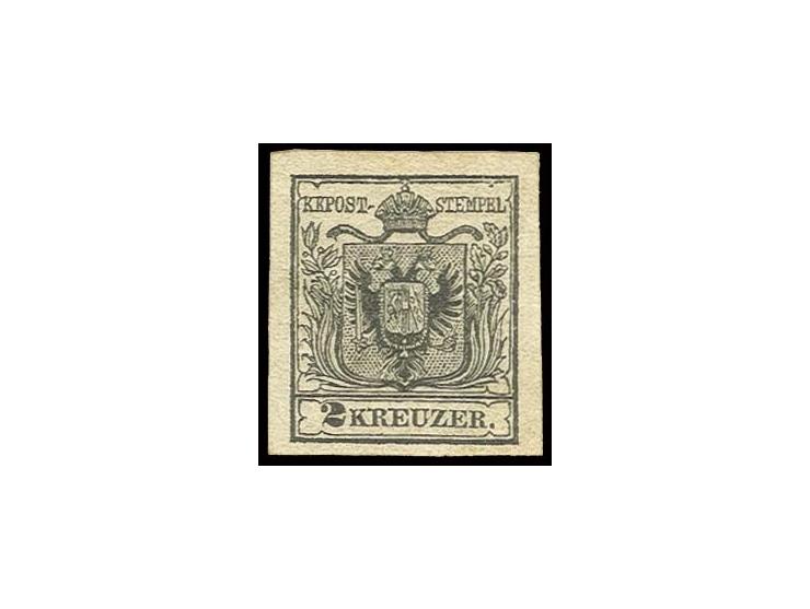 1850, Handpapier: 2 Kr. schwarz, Type IIIa, allseits breitrandig, ungebraucht mit Originalgummi mit starkem Krakelee, Kabinet