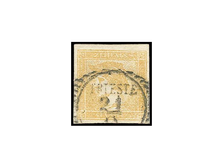 Gelber Merkur 6 Kr. mit Stempel "TRIESTE 21/..", Sperati-Fälschung, BPA-Signatur