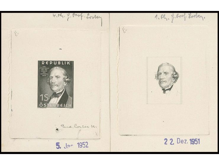 Ritter von Ghega 1 Sch., 2 Phasendrucke in verschiedenen Stadien (1. und 4. Phase) in schwarz auf Kartonpapier im Blockformat