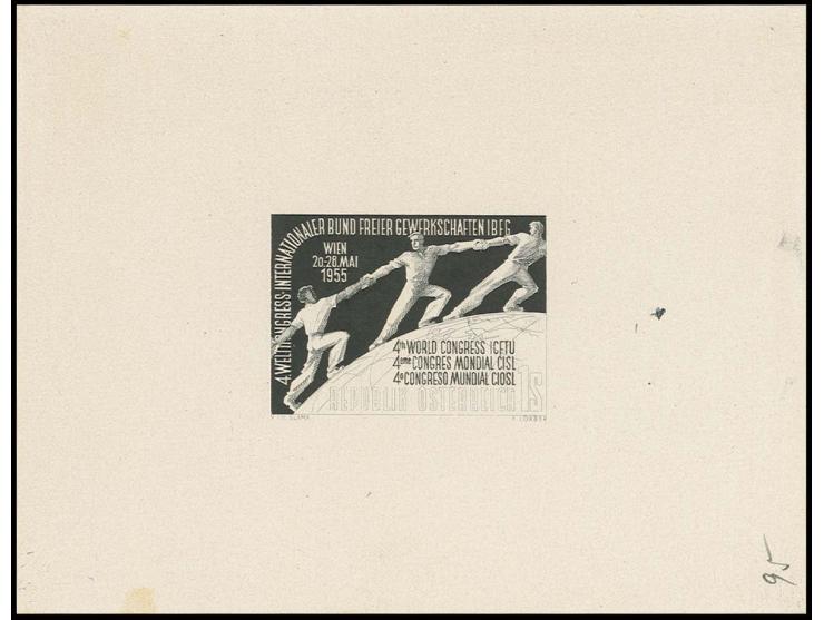 1955, IBFG-Kongress 1 Sch.,Phasendruck in schwarz auf Kartonpapier im Blockformat, rückseitig Siegel der Österreichischen Sta