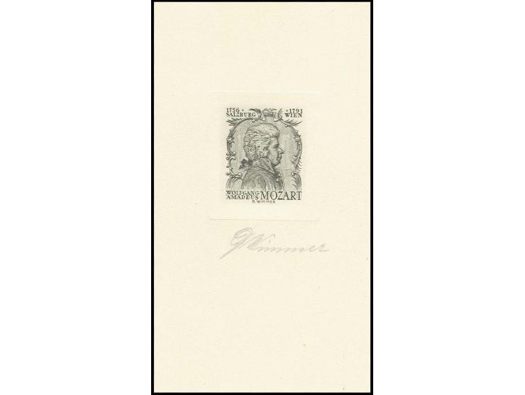 1956, Mozart, Entwurf in abweichender Zeichnung ohne Nennwert in schwarz auf Kartonpapier, sign. vom Stecher Wimmer, ungummie