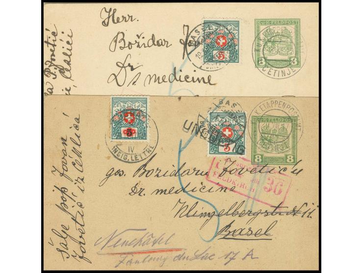 GANZSACHEN: 1917, 2 Feldpostkarten 8 H. in die Schweiz, dort mit Portomarken nachtaxiert, einmal nachgesandt, dadurch erste P