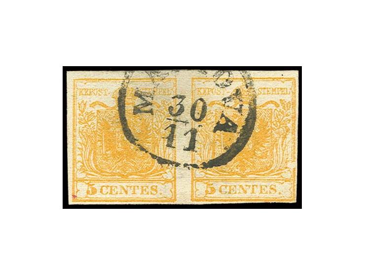 1850, Handpapier: 5 C. gelborange, waagerechtes Paar, voll- bis breitrandig, mit EKr. "MANTOVA 30/11", sign. Raybaudi, Fotobe