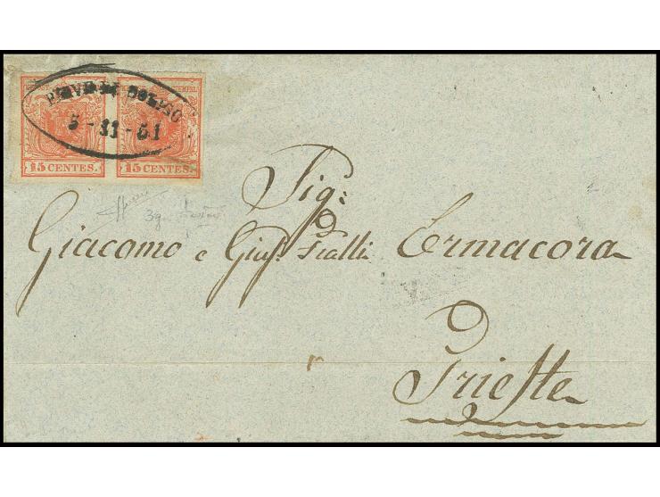 15 C. rot, Type I, waagerechtes Paar, allseits gut gerandet, mit seltenem Ovalstempel "PIEVE DI SOLIGO 5.11.51" auf Briefhüll
