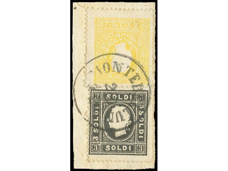1858, Type II: 2 So. gelb und 3 So. schwarz mit EKr. "MONTEBELLUNA 20/11" auf Briefstück, Pracht, sign. und Fotobefund Sottor