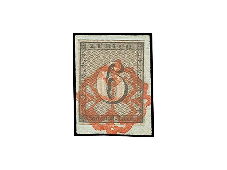 1843, 6 Rp. schwarz/dunkelbräunlichrot mit senkrechtem Linienunterdruck in Type 3, sauber entwertet mit roter Rosette auf Bri